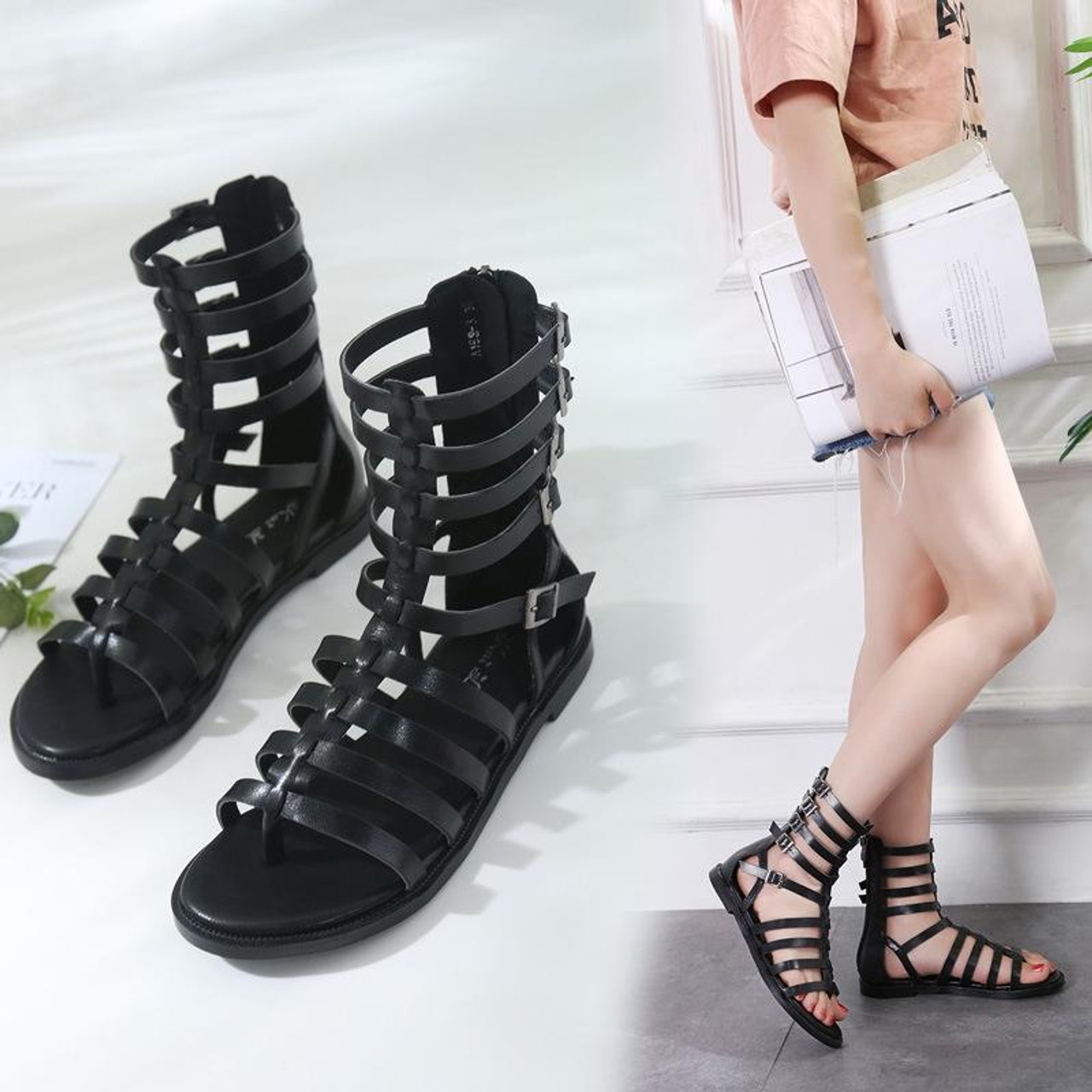 Double Buckle Ankle Strap Sandals, Zip Up Sandals