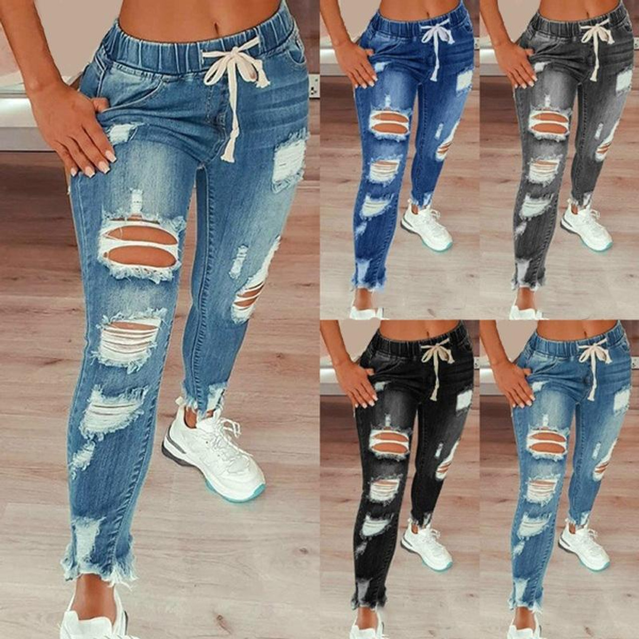 Elastic Waist Ladies Jeans High-Waisted Ripped Slim Trousers Lace-Up  Trousers, Size: XXXL(Light Blue), snatcher
