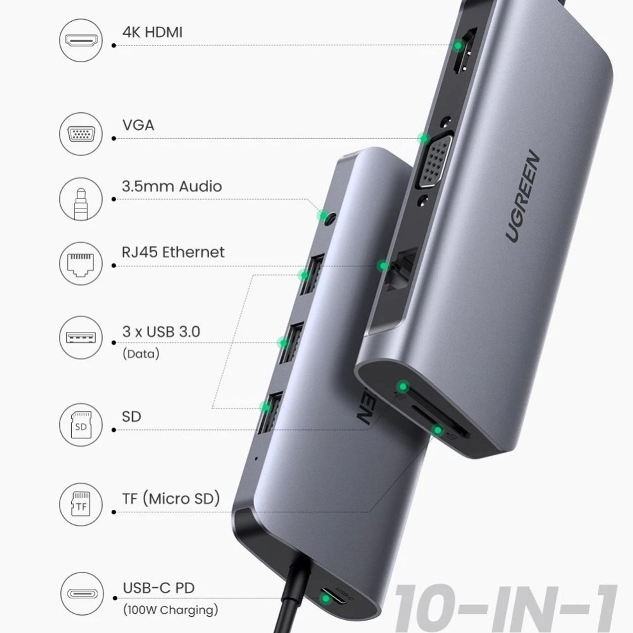 UGREEN 10 in 1 USB-C Hub Type C to HDMI 4K USB 3.0 VGA RJ45 PD 3.5mm SD TF  Card Reader Dock Adapter for MacBook/Pro/Air - Snatcher