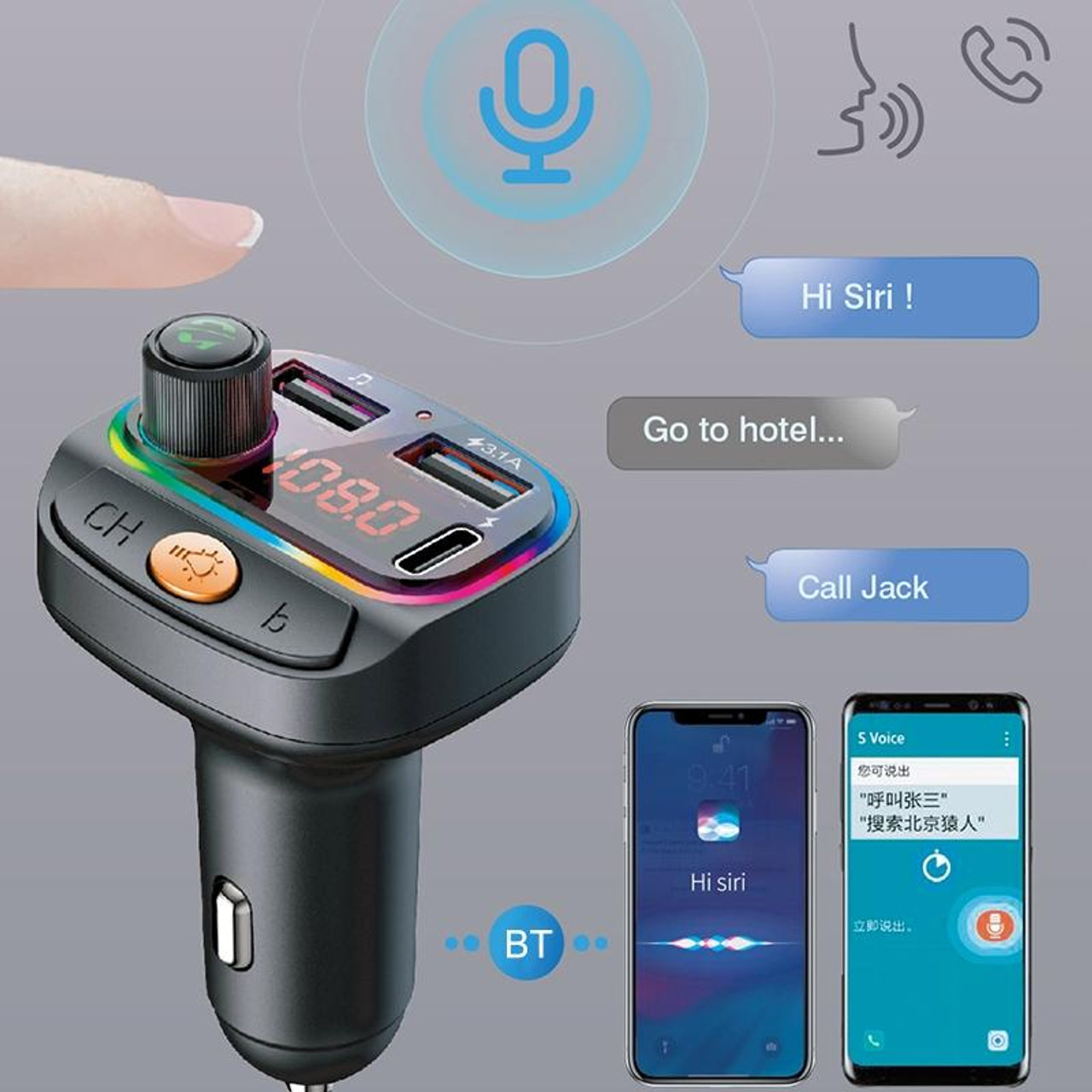 C15 Multifunctional Car Dual 3.1A+Type-C USB Charger Bluetooth FM  Transmitter with Atmosphere Light, snatcher