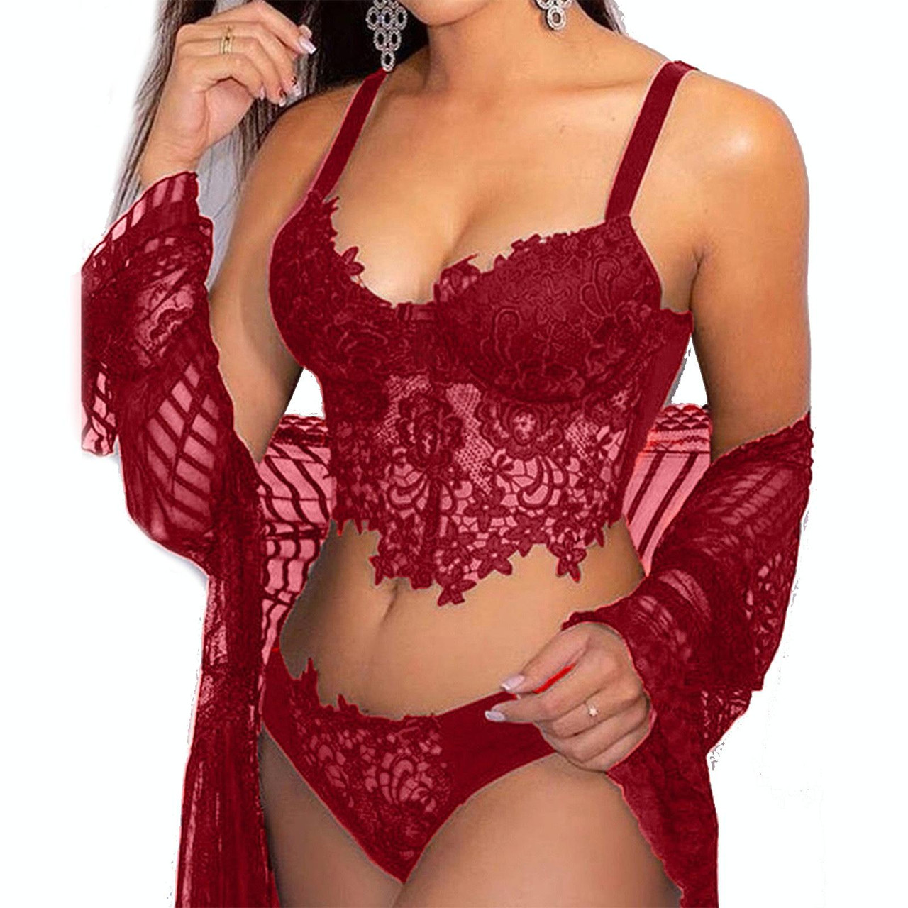 Sexy Lingerie Set, 2Pcs Women Lace Babydoll Sexy Underwear Lace  Bra+G-String Panties Soft Bras Sets for Adult Girlfriend Gift (Red L)