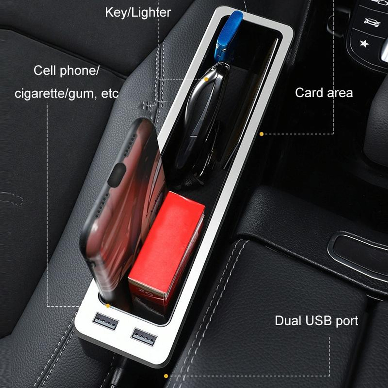 Car Seat Gap Storage Box with 2 USB Charging Port, Color