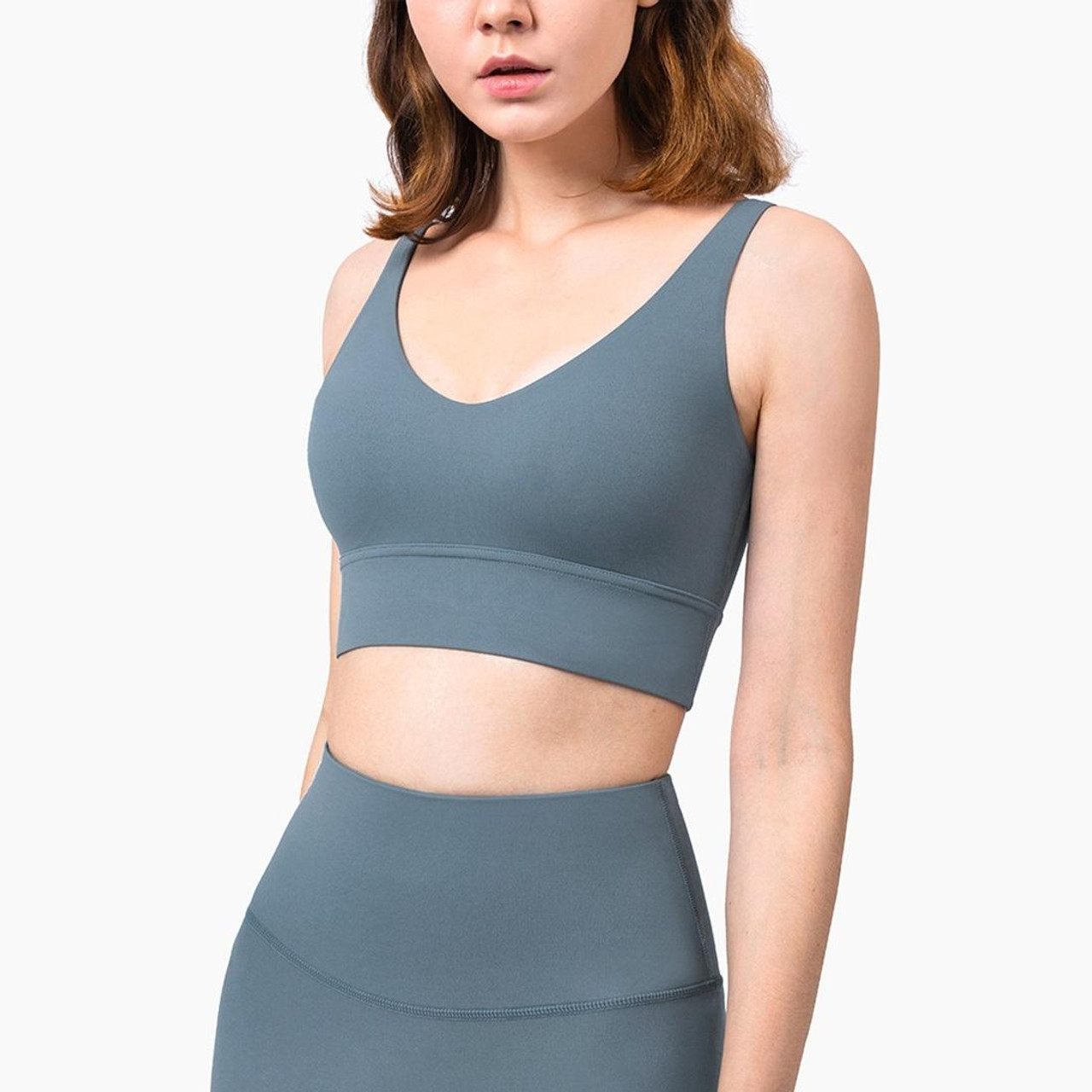 Charming Deep V Shockproof Gathered Fitness Yoga Underwear (Color:Lunar  Rock Size:XL)