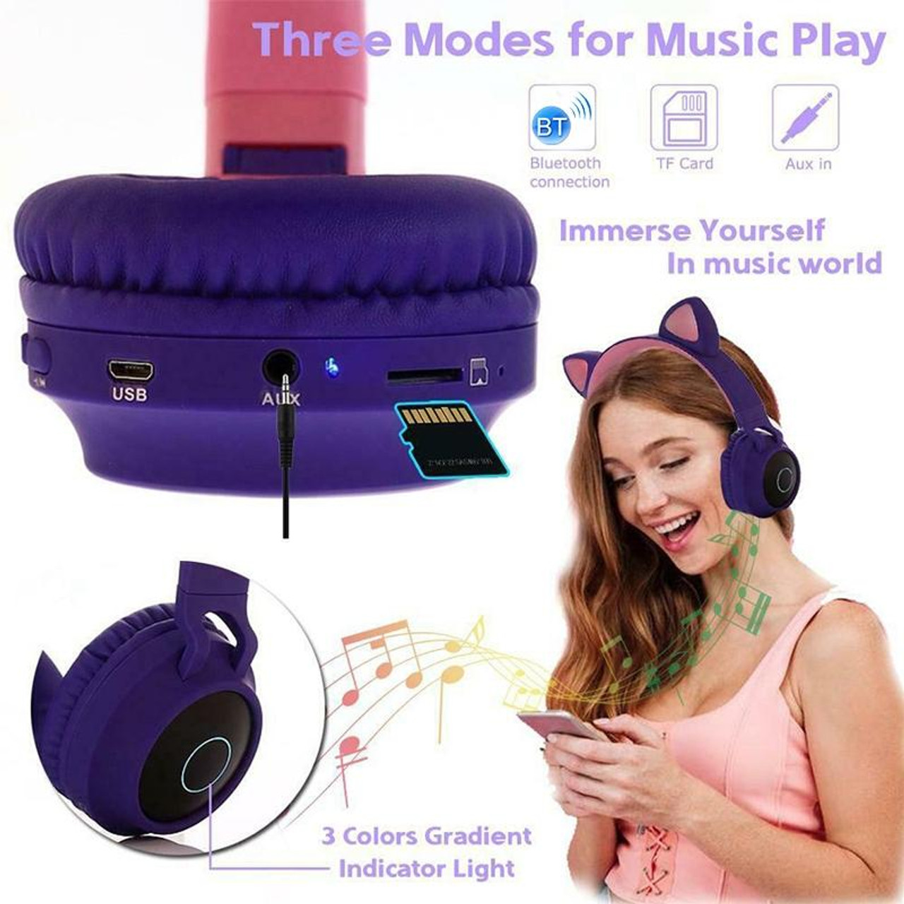 BT028C Cute Cat Ear Bluetooth 5.0 Headphones Foldable On Ear