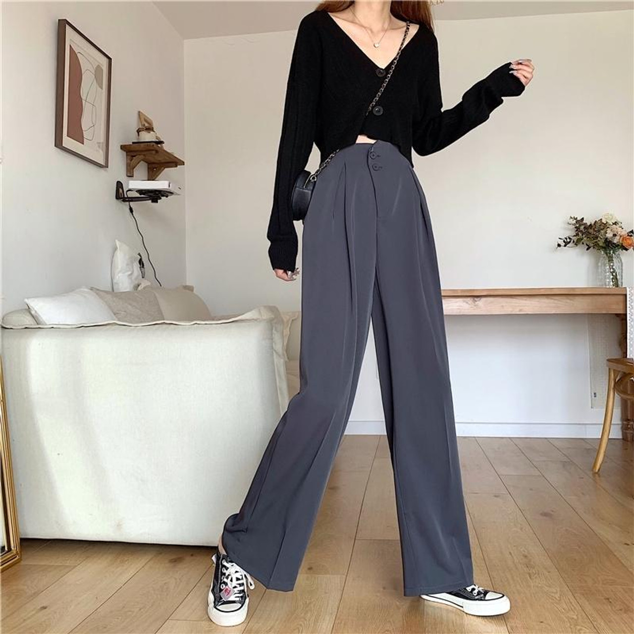 Woman\'s Casual Full-length Loose Pants High Waist Solid Color