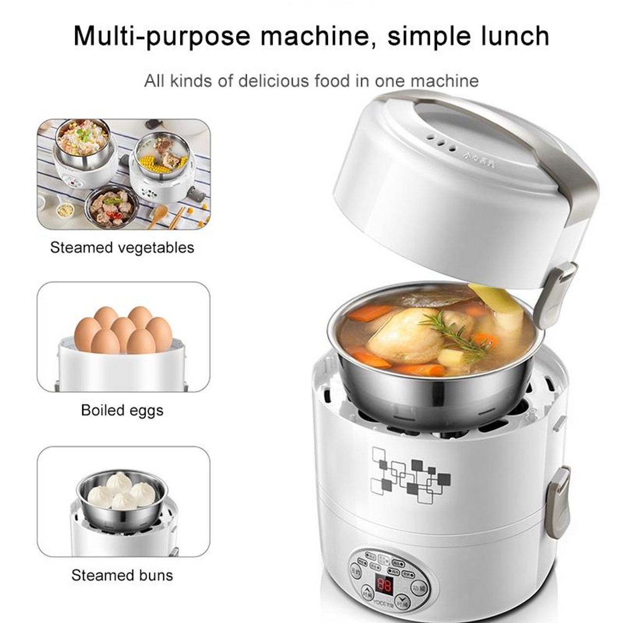 Yoice 220V Multi-function Electric Lunch Box Three-layer Stainless Steel  Inner Rice Cooker, CN Plug(White), snatcher