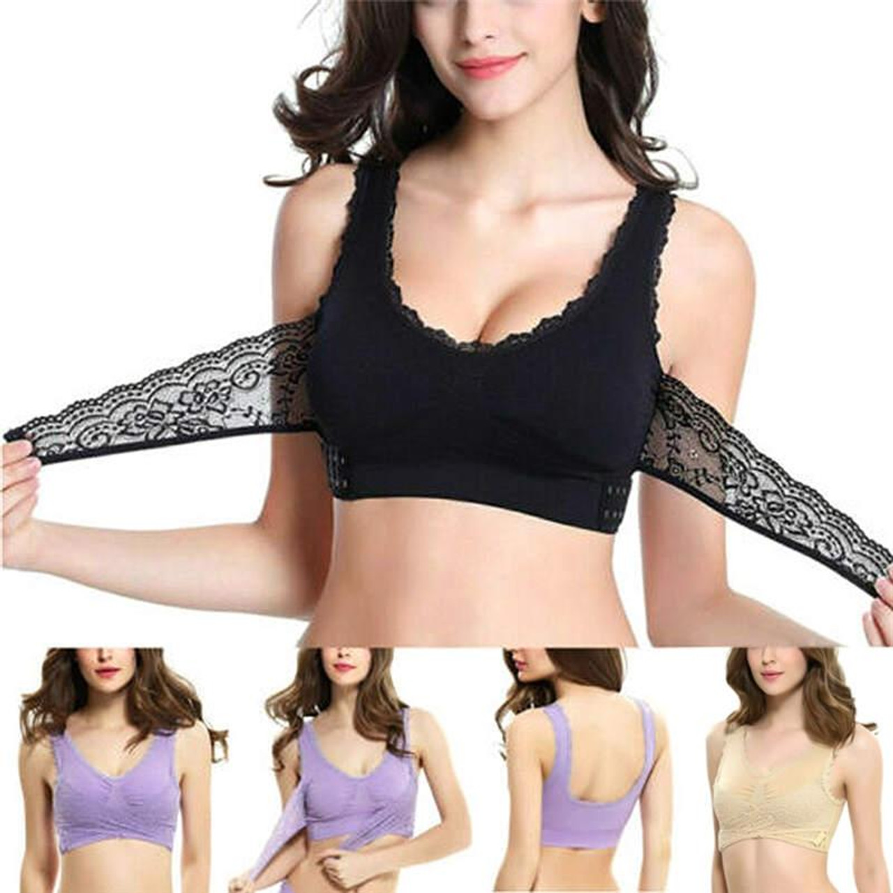 Front Cross Side Buckle Wireless Lace Bra Breathable Sport For Women,  Size:L(Purple), snatcher