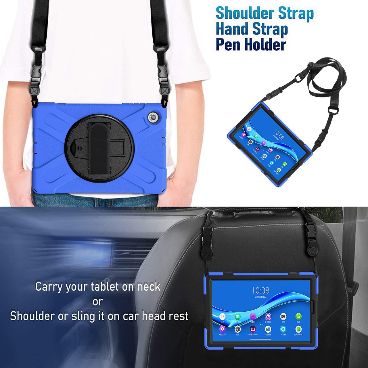 For Lenovo Tab M10 Plus TB-X606F Shockproof Colorful Silicone PC  Protective Case with Holder  Hand Strap  Shoulder Strap(Blue), snatcher