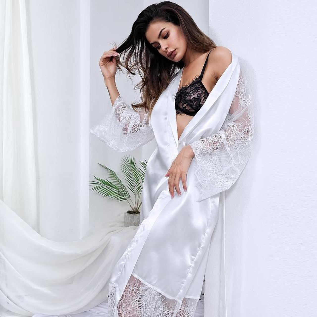Sexy Glossy Long Nightgown Lace Long-sleeved Erotic Lingerie, Size