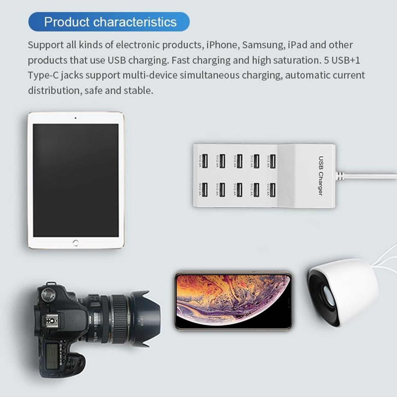 Chargeur multi-ports 5v-2.4a 10 ports Téléphone mobile Multi