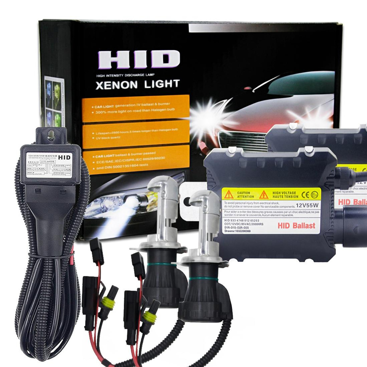 55W H4/HB2/9003 6000K HID Xenon Light Conversion Kit with High Intensity  Discharge Alloy Ballast, White, snatcher