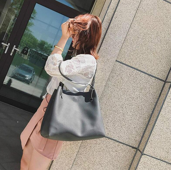 2 in 1 Soft Leatherette Women Bag Set Luxury Fashion Design Shoulder Bags Big Casual Bags Handbag(Dark Grey)