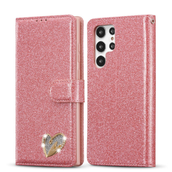 Samsung Galaxy S22 Ultra 5G Glitter Powder Love Leather Phone Case(Rose Red)
