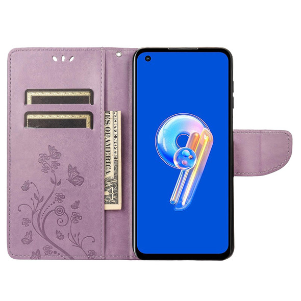 Asus Zenfone 9 Butterfly Flower Pattern Flip Leatherette Phone Case(Light Purple)