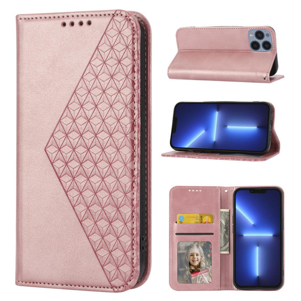 iPhone 12 Pro Max Cubic Grid Calf Texture Magnetic Closure Leather Phone Case(Rose Gold)