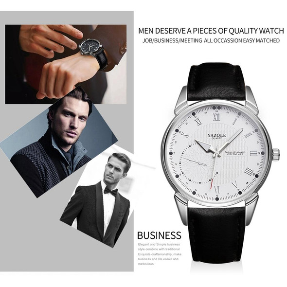 YAZOLE 427 Men Fashion Business PU Leather Band Quartz Wrist Watch, Luminous Points (White Dial + Black Strap)
