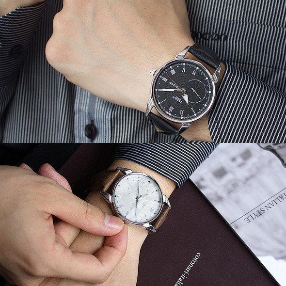 YAZOLE 427 Men Fashion Business PU Leather Band Quartz Wrist Watch, Luminous Points (White Dial + Black Strap)