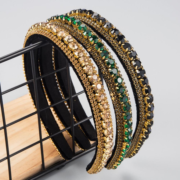 Multi-layer Glass Rhinestones Headband Full Rhinestones Gold Velvet Hairband(Black)