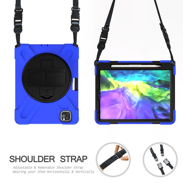iPad Pro 12.9 (2020/2018) 360 Degree Rotation Silicone Protective Cover with Holder & Hand Strap & Long Strap & Pencil Slot(Blue)
