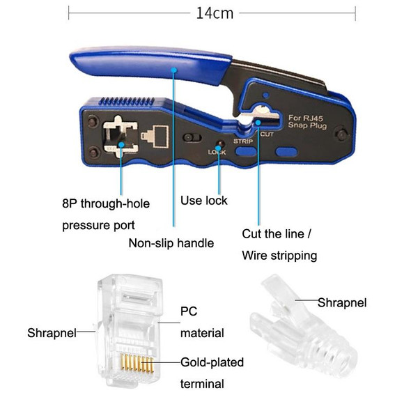 Rj45 8P Through-hole Crystal Head Connector Jacket Network Tool Stripping Wire Cable Pliers Set(Blue)