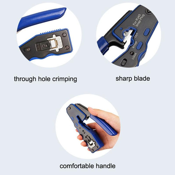 Rj45 8P Through-hole Crystal Head Connector Jacket Network Tool Stripping Wire Cable Pliers Set(Blue)