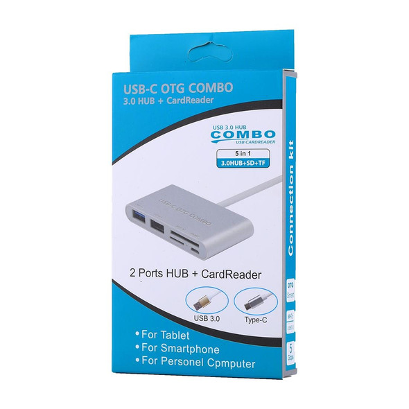 5 in 1 Micro SD + SD + USB 3.0 + USB 2.0 + Micro USB Port to USB-C / Type-C OTG COMBO Adapter Card Reader for Tablet, Smartphone, PC(Silver)