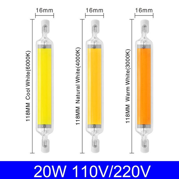 118mm 20W R7S LED COB Dimmer Glass Lamp Double-end Horizontal Plug-in Light(110V Cold White Light)