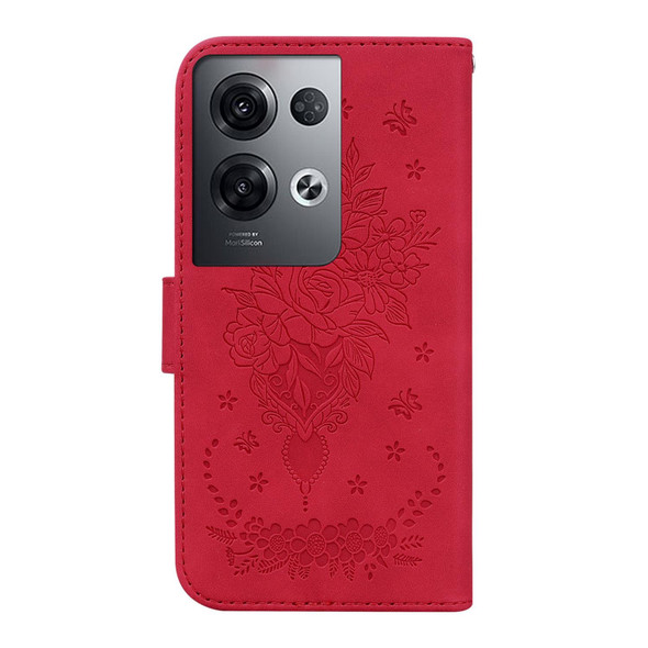 OPPO Reno8 Butterfly Rose Embossed Leather Phone Case(Red)