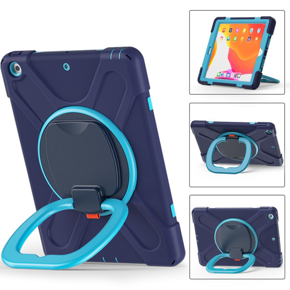 Apple iPad 10.2 2021 / 2020 / 2019 Contrast Color Silicone + PC Protective Case with Holder & Shoulder Strap(Navy Blue + Blue)