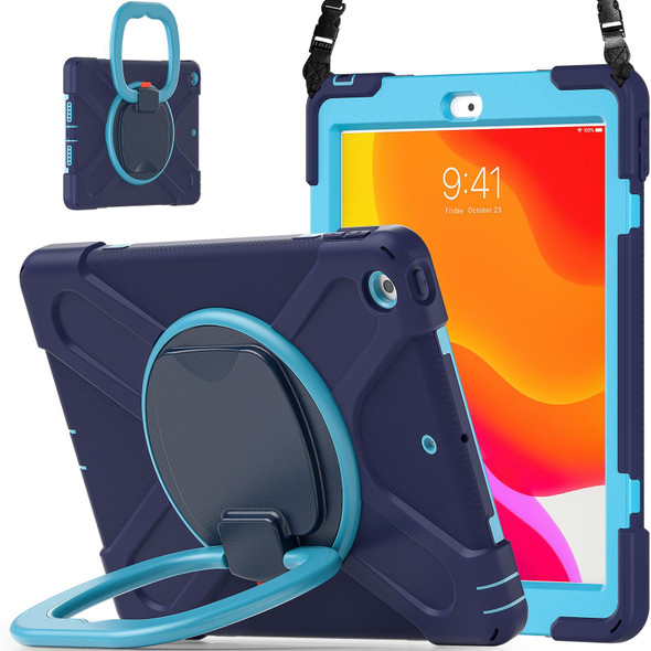 Apple iPad 10.2 2021 / 2020 / 2019 Contrast Color Silicone + PC Protective Case with Holder & Shoulder Strap(Navy Blue + Blue)