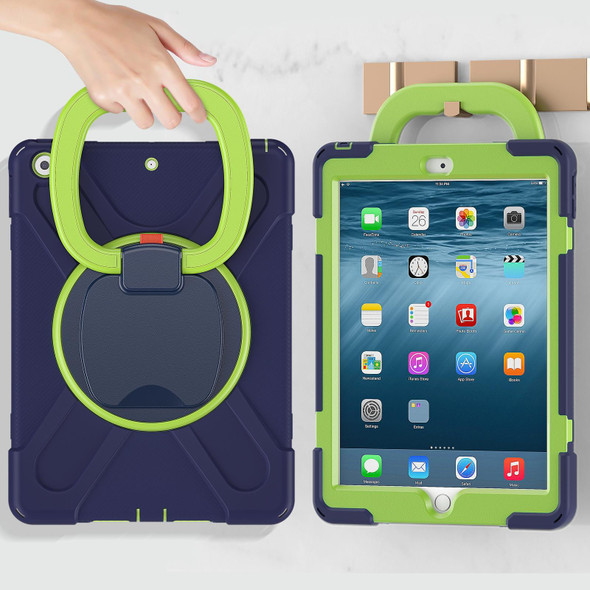 Apple iPad 10.2 2021 / 2020 / 2019 Contrast Color Silicone + PC Protective Case with Holder & Shoulder Strap(Navy Blue + Yellow Green)