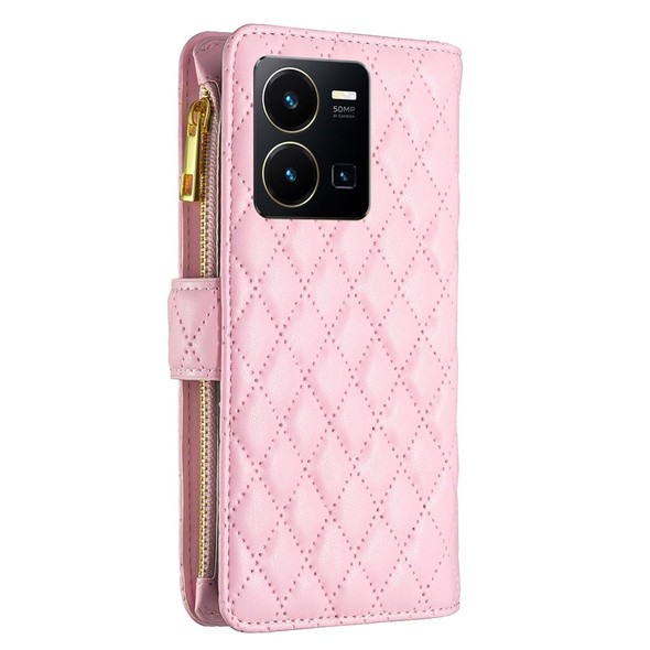 vivo Y35/Y22 Diamond Lattice Zipper Wallet Leather Flip Phone Case(Pink)