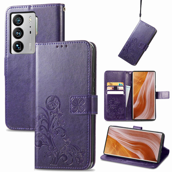 ZTE Axon 40 Ultra Four-leaf Clasp Embossed Buckle Leather Phone Case(Purple)