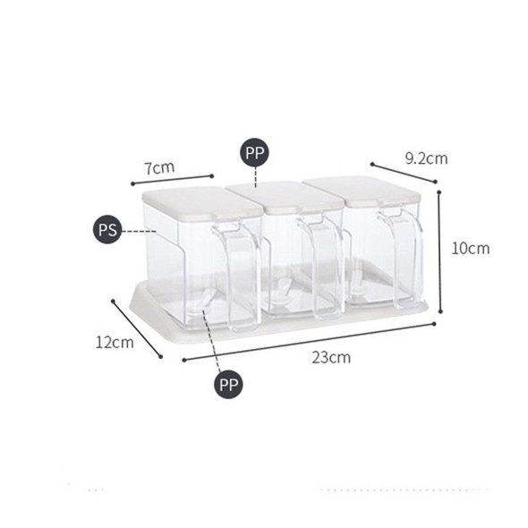 Kitchen Transparent Three-Grid Seasoning Box Set Seasoning Storage Box With Spoon(White)