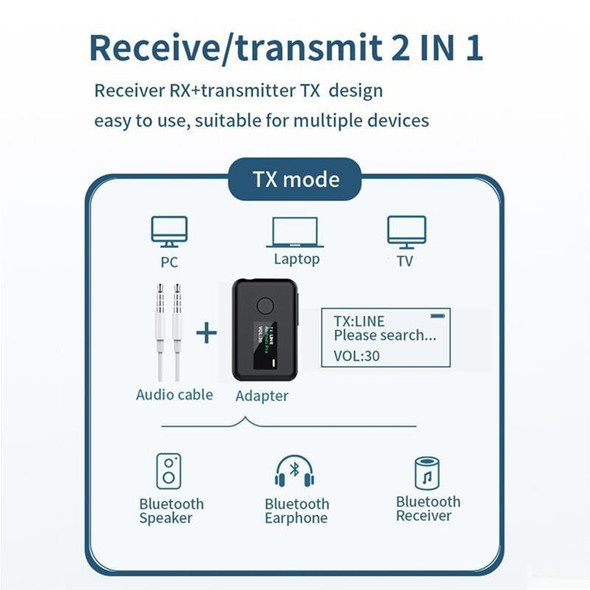 T2 2 in 1 OLED Color Screen Bluetooth 5.0 Wireless Receiver Transmitter