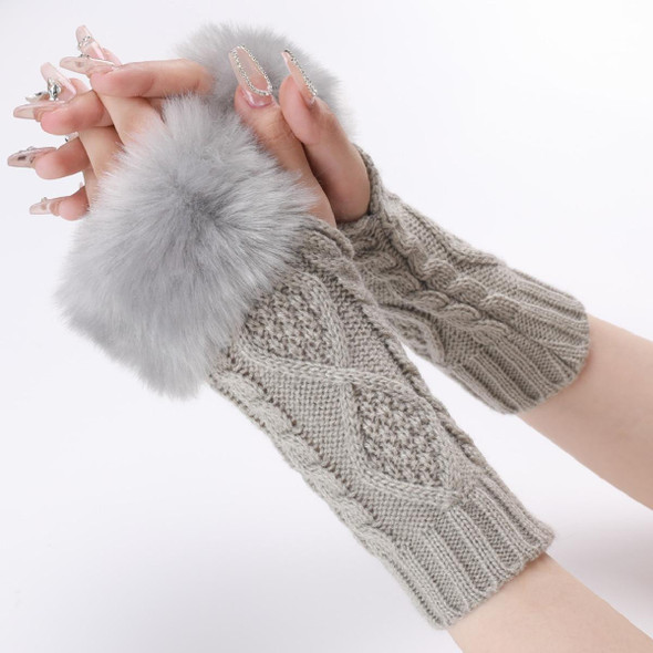 Ladies Short Type Furry Gloves Diamond Knit Warm Fingerless Arm Sleeves(Light Grey)