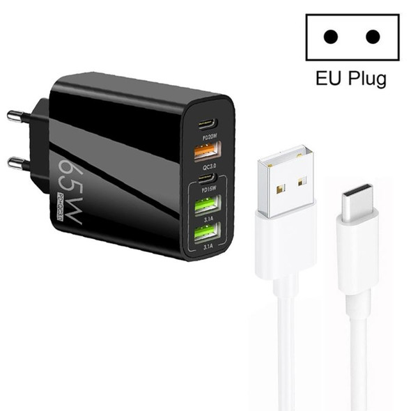 65W Dual PD Type-C + 3 x USB Multi Port Charger with 3A USB to Type-C Data Cable, EU Plug(Black)
