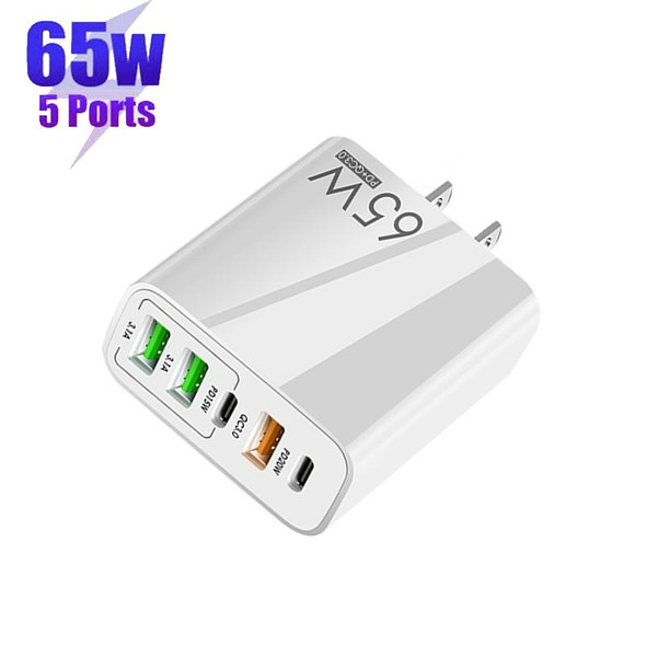 65W Dual PD Type-C + 3 x USB Multi Port Charger with 3A Type-C to Type-C Data Cable, US Plug(White)