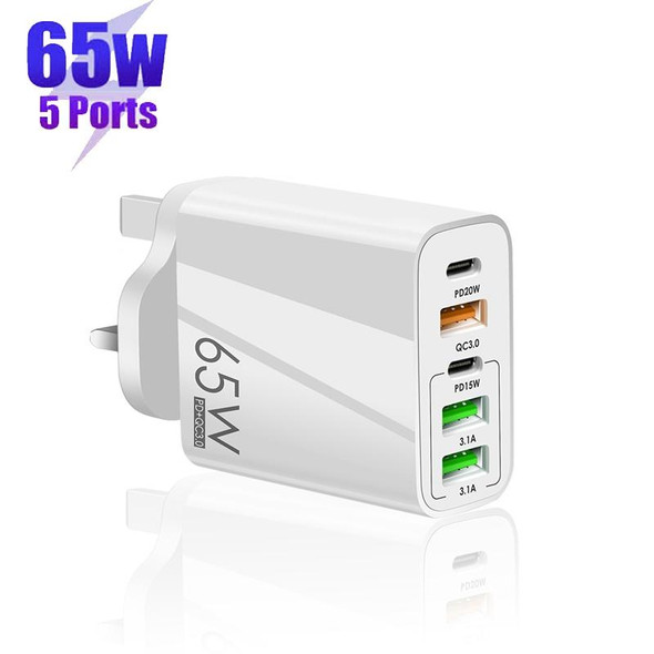 65W Dual PD Type-C + 3 x USB Multi Port Charger with 3A Type-C to Type-C Data Cable, UK Plug(White)