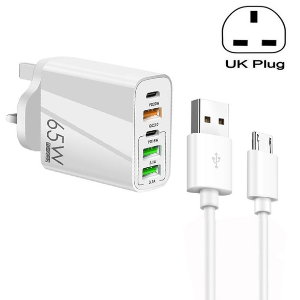 65W Dual PD Type-C + 3 x USB Multi Port Charger with 3A USB to Micro USB Data Cable, UK Plug(White)