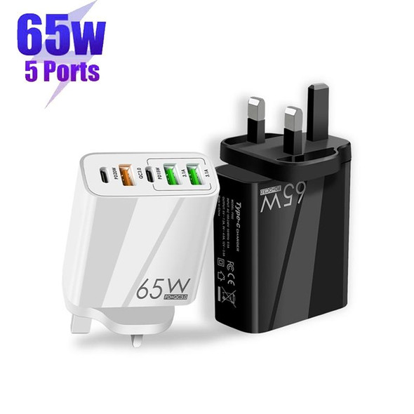 65W Dual PD Type-C + 3 x USB Multi Port Charger with 3A USB to Micro USB Data Cable, UK Plug(White)