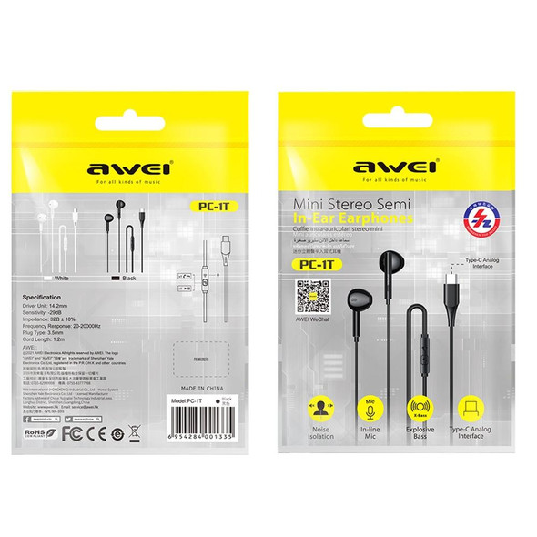 awei PC-1T 1.2m Mini Stereo Semi In-ear Earphones(White)