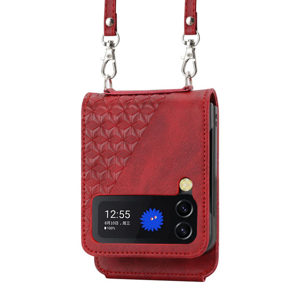 Samsung Galaxy Z Flip3 5G Cubic Grid Calf Texture Leather Phone Case with Neck Lanyard(Red)