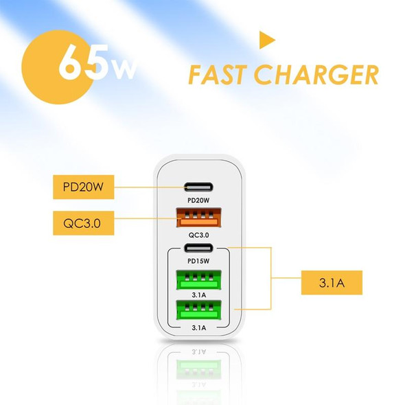 65W Dual PD Type-C + 3 x USB Multi Port Charger with 3A Type-C to Type-C Data Cable, UK Plug(Black)