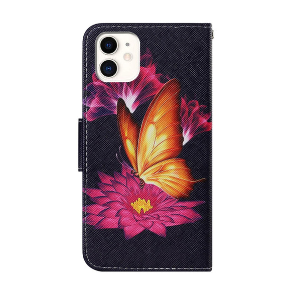 iPhone 12 / 12 Pro Coloured Drawing Pattern Horizontal Flip PU Leather Case with Holder & Card Slots & Wallet & Lanyard(Big Golden Butterfly)