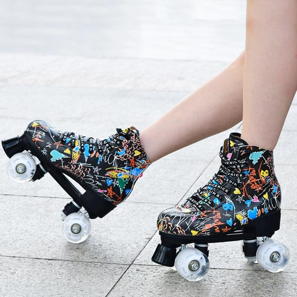 Adult Children Graffiti Roller Skates Shoes Double Row Four-Wheel Roller Skates Shoes, Size: 42(Flash Wheel Black)