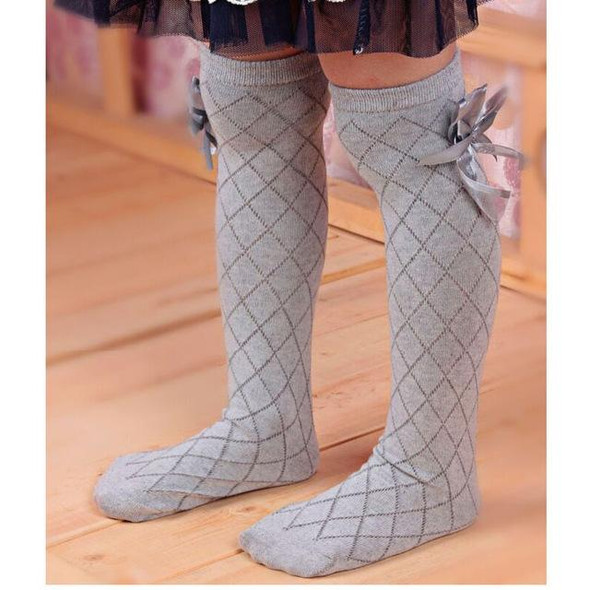 3 Pairs Children's Tube Socks Mesh Bow Princess Socks Square Grid Over Knee Socks, Size:43cm(grey)