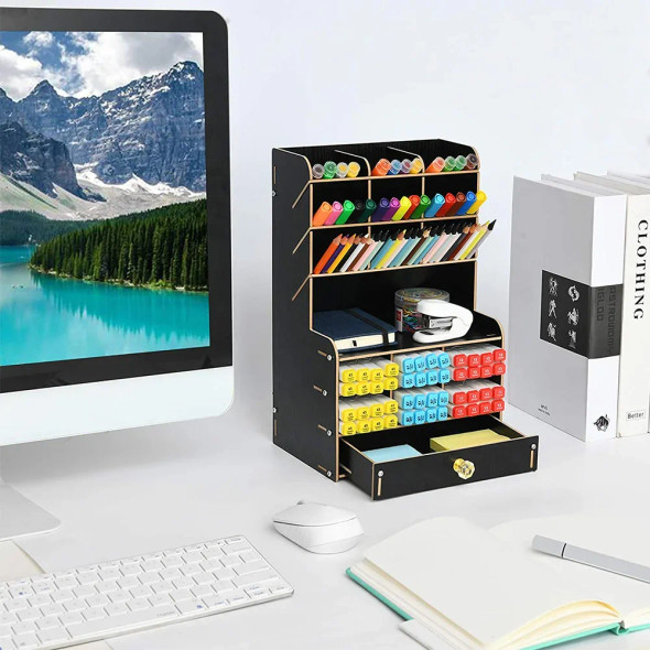 Eco-Friendly Wooden Desktop Organiser for Stationery & Cosmetics