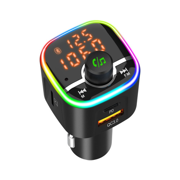 BC68 Car FM Transmitter QC3.0 PD USB Fast Charger Bluetooth Handsfree Kit with Colorful Atmosphere Lamp