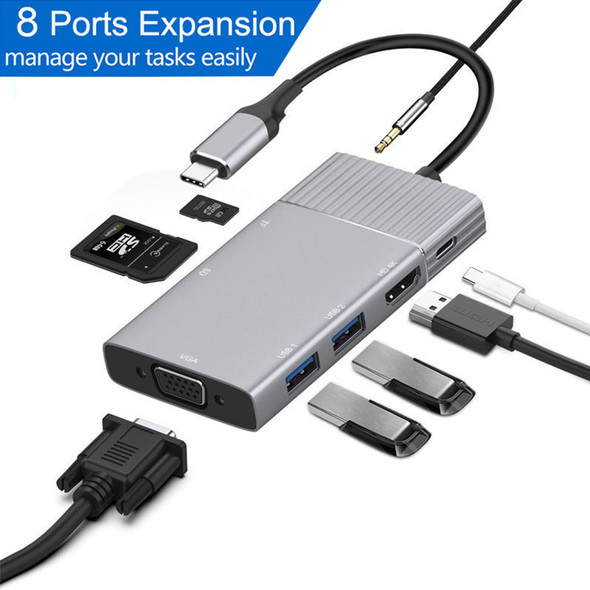 8 in 1 Type-C to HDMI + Type-C + USB x 2 + VGA + SD + TF + 3.5mm HUB Adapter